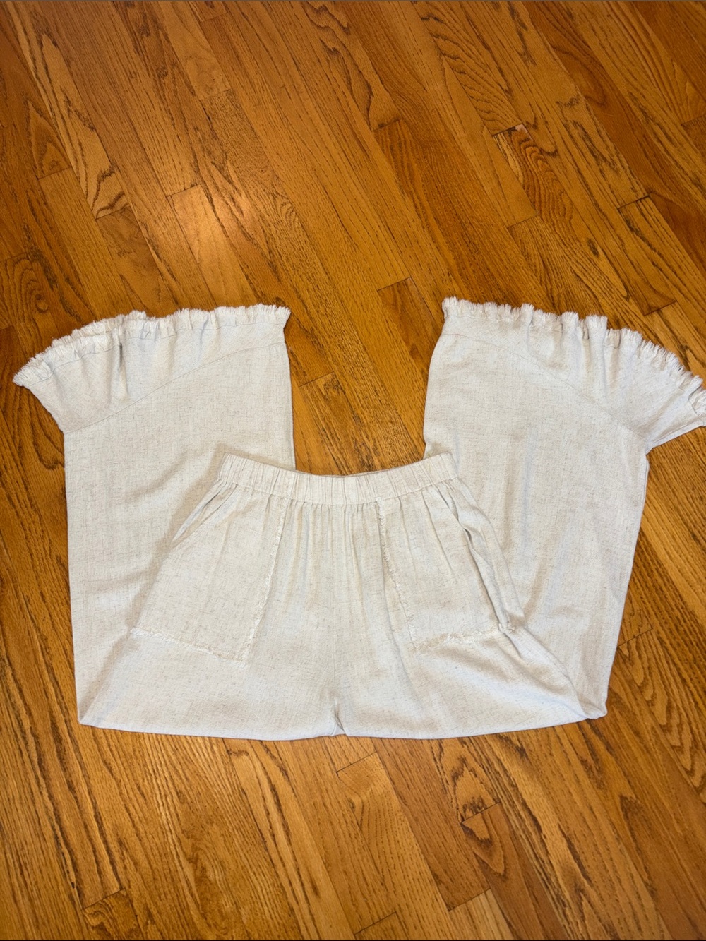 -Umgee USA Wide Leg Cropped Linen Blend Pants Cream Fringe Hem Boho Size Small - Picture 4 of 9